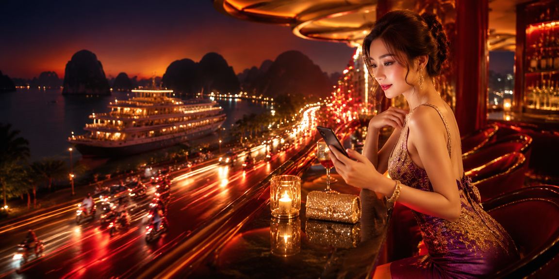 Ánh đèn neon sôi động tại Vịnh Hạ Long gợi cảm giác hào hứng và giải trí đêm trực tuyến