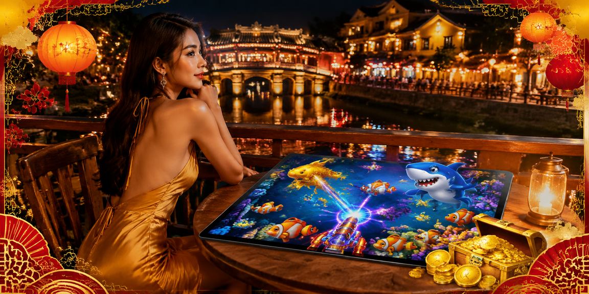 Người chơi tại Hội An thưởng thức cà phê và tham gia trò chơi bắn cá giải trí